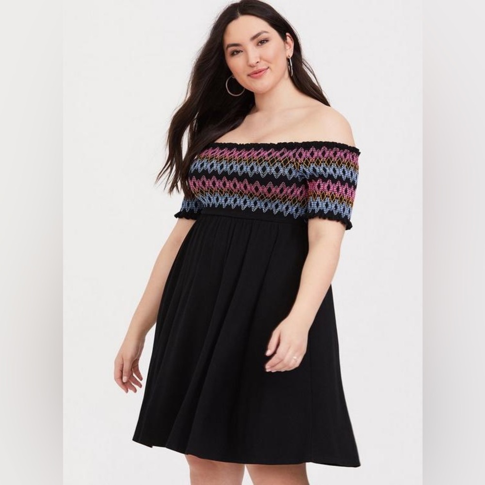 Torrid Black Embroidered Jersey Off Shoulder Skater Dress, size 1X